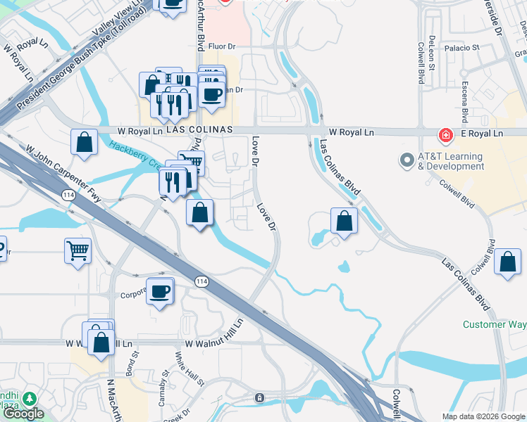 map of restaurants, bars, coffee shops, grocery stores, and more near 6209 Love Drive in Irving