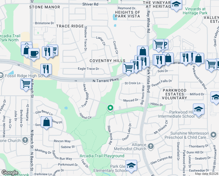 map of restaurants, bars, coffee shops, grocery stores, and more near 8482 Big Cypress Court in Fort Worth
