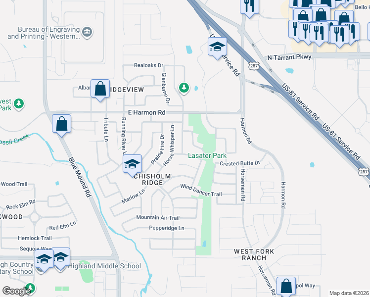 map of restaurants, bars, coffee shops, grocery stores, and more near 8441 Ranch Hand Trail in Fort Worth