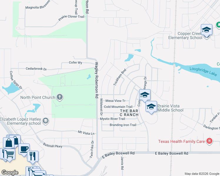 map of restaurants, bars, coffee shops, grocery stores, and more near 8400 Wagley Robertson Road in Fort Worth