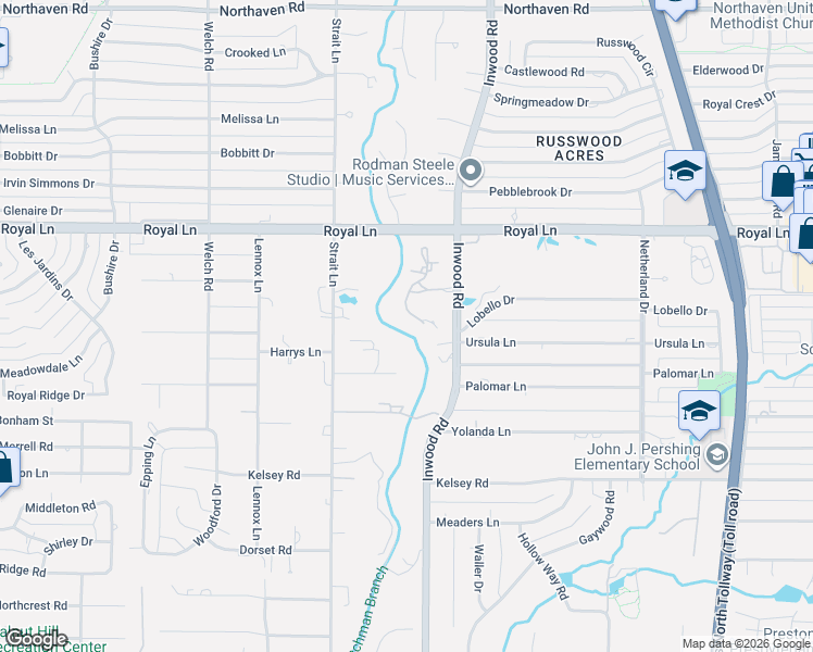 map of restaurants, bars, coffee shops, grocery stores, and more near 6 Bridge Hollow Court in Dallas