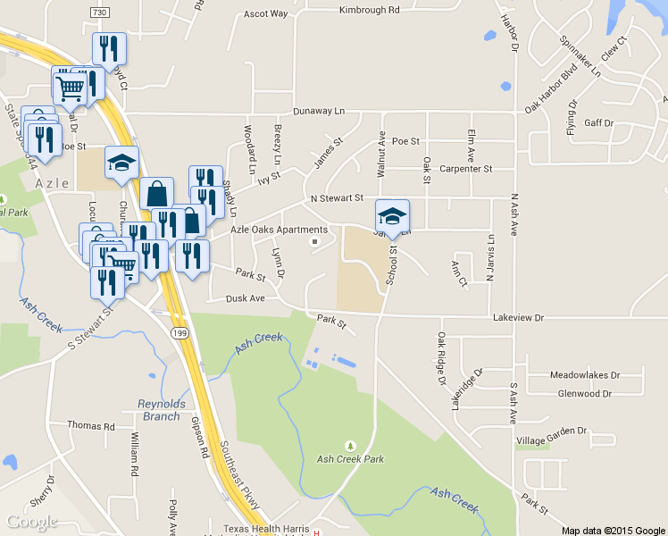 map of restaurants, bars, coffee shops, grocery stores, and more near 144 Parkwood Court in Azle