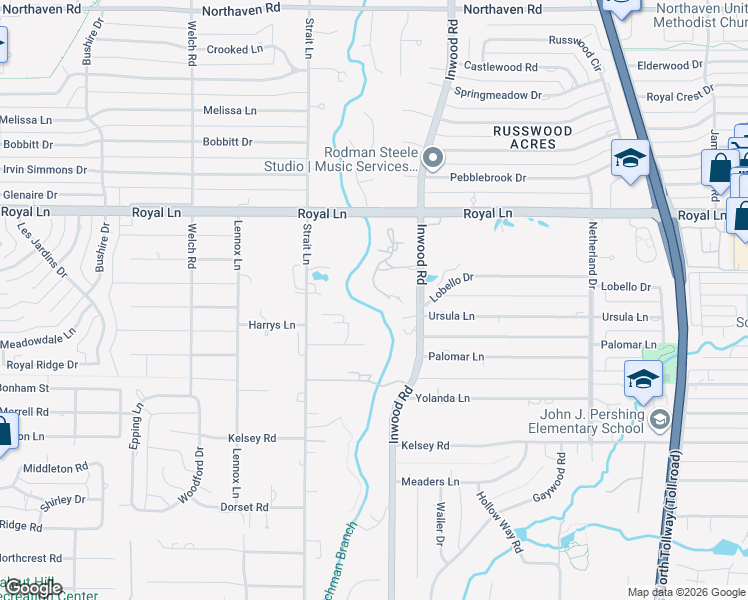 map of restaurants, bars, coffee shops, grocery stores, and more near 6 Bridge Hollow Court in Dallas