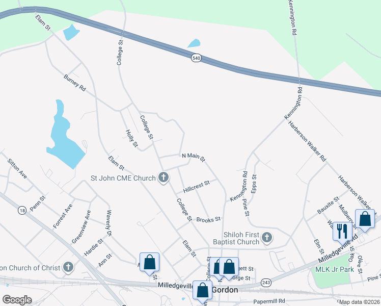 map of restaurants, bars, coffee shops, grocery stores, and more near 178 North Main Street in Gordon
