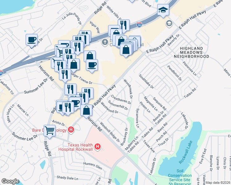 map of restaurants, bars, coffee shops, grocery stores, and more near 201 Overbrook Court in Rockwall