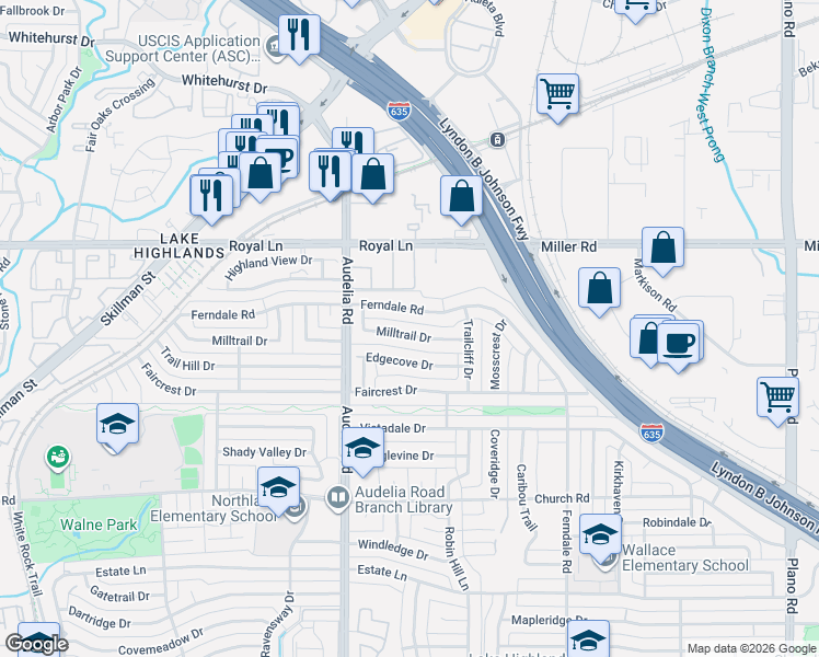 map of restaurants, bars, coffee shops, grocery stores, and more near 10933 Ferndale Road in Dallas