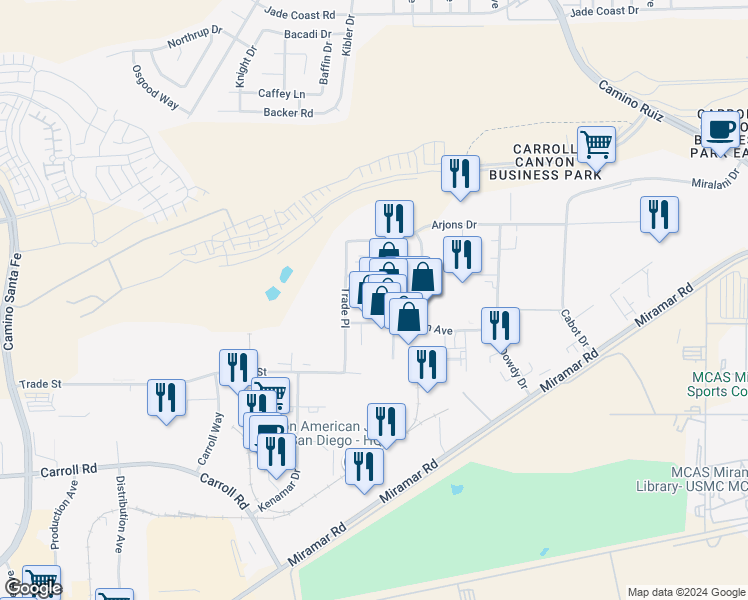 map of restaurants, bars, coffee shops, grocery stores, and more near 9235 Trade Place in San Diego