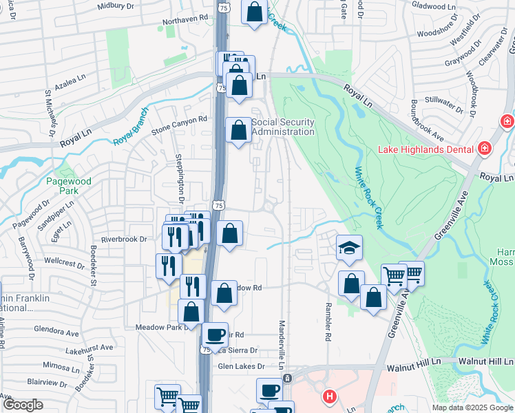 map of restaurants, bars, coffee shops, grocery stores, and more near 8169 Midtown Boulevard in Dallas