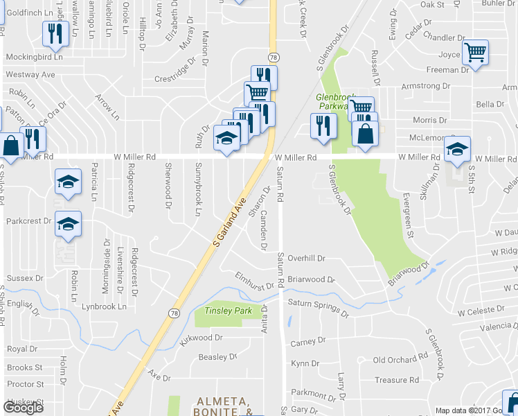map of restaurants, bars, coffee shops, grocery stores, and more near 2101 Camden Drive in Garland