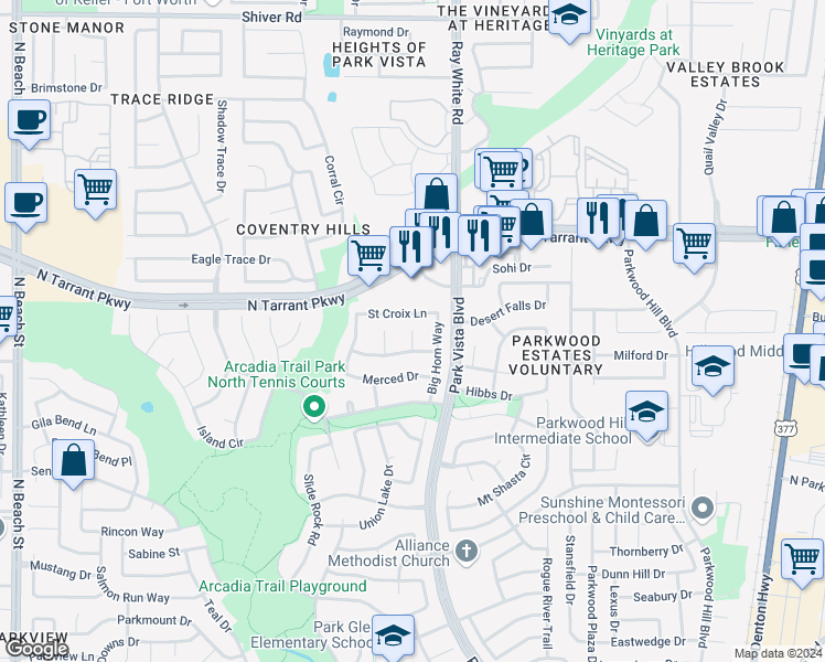 map of restaurants, bars, coffee shops, grocery stores, and more near 10520 Fort Union Court in Fort Worth