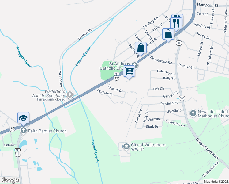 map of restaurants, bars, coffee shops, grocery stores, and more near 200 Oakland Drive in Walterboro
