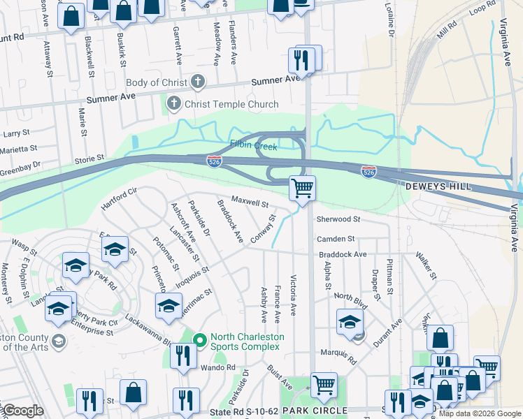 map of restaurants, bars, coffee shops, grocery stores, and more near 1265 Maxwell Street in North Charleston