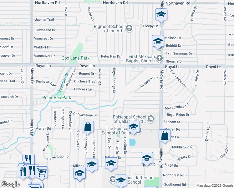 map of restaurants, bars, coffee shops, grocery stores, and more near 10638 Royal Springs Drive in Dallas