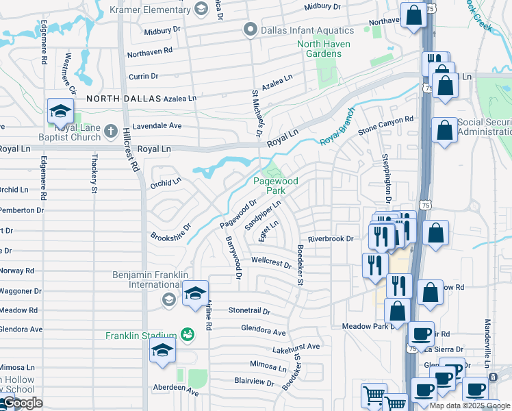 map of restaurants, bars, coffee shops, grocery stores, and more near 10662 Pagewood Drive in Dallas