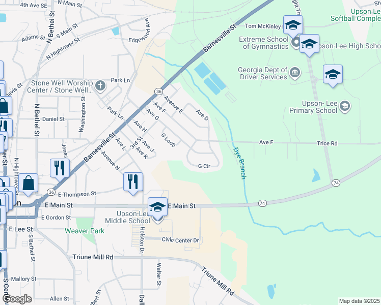 map of restaurants, bars, coffee shops, grocery stores, and more near 140 G Circle in Thomaston