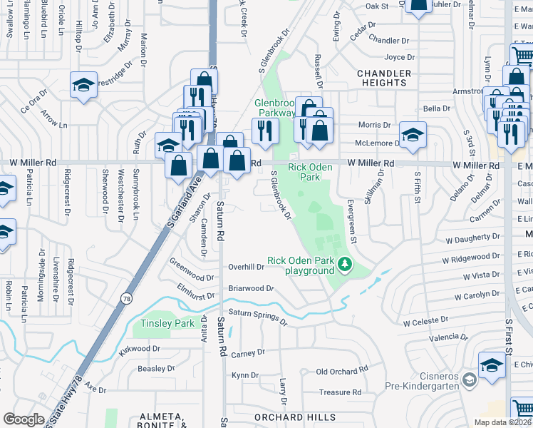 map of restaurants, bars, coffee shops, grocery stores, and more near 2121 South Glenbrook Drive in Garland