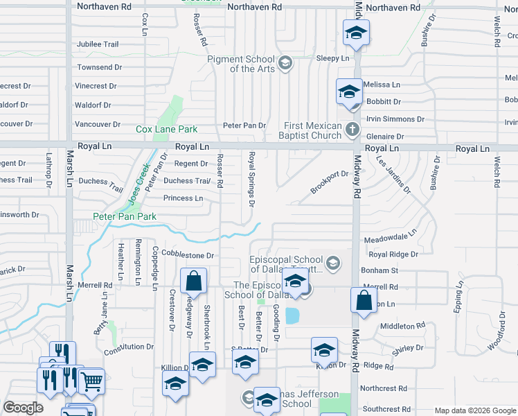 map of restaurants, bars, coffee shops, grocery stores, and more near 10638 Royal Springs Drive in Dallas