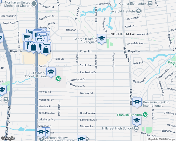 map of restaurants, bars, coffee shops, grocery stores, and more near 6447 Pemberton Drive in Dallas