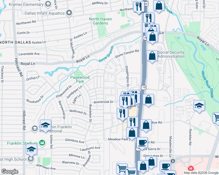 map of restaurants, bars, coffee shops, grocery stores, and more near 10602 Stone Canyon Road in Dallas