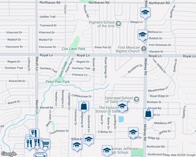 map of restaurants, bars, coffee shops, grocery stores, and more near 3928 Princess Circle in Dallas