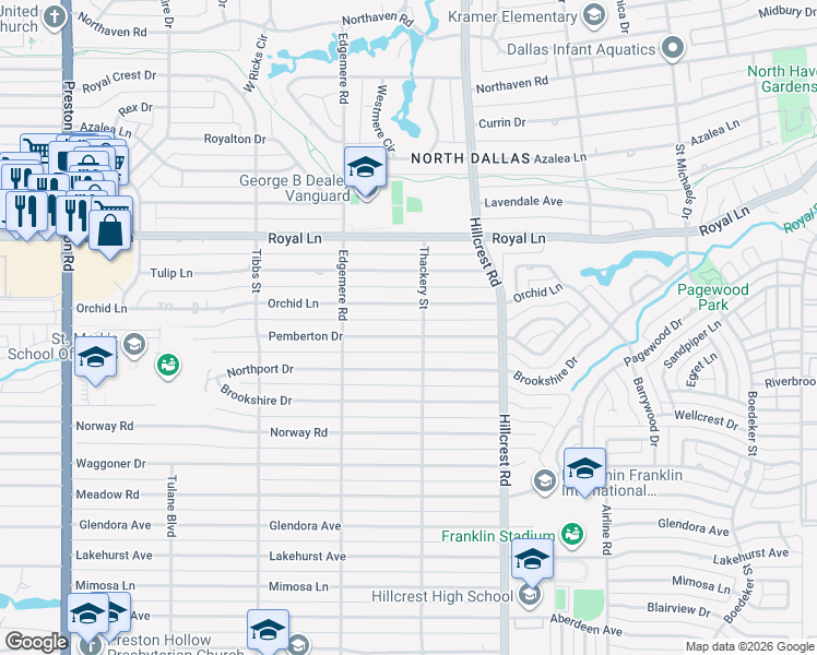 map of restaurants, bars, coffee shops, grocery stores, and more near 6623 Pemberton Dr in Dallas