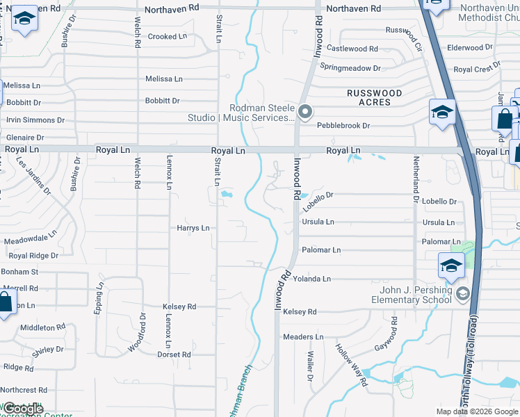 map of restaurants, bars, coffee shops, grocery stores, and more near 6 Bridge Hollow Court in Dallas
