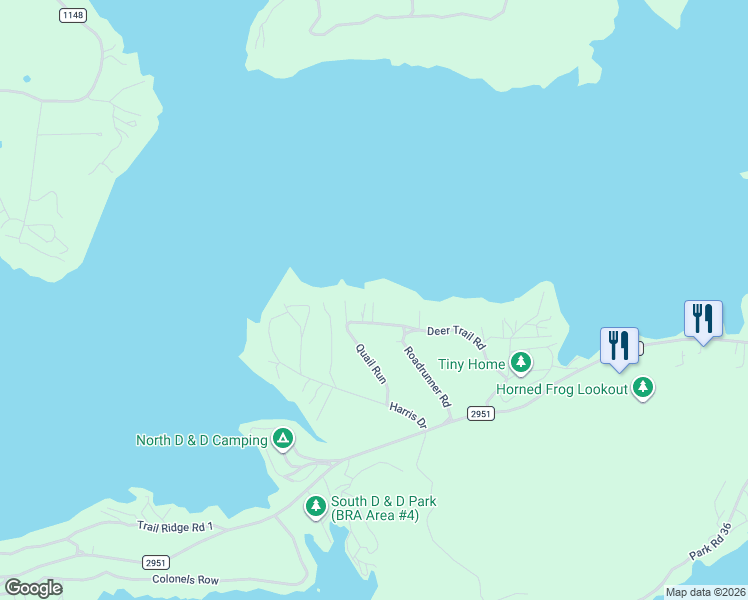 map of restaurants, bars, coffee shops, grocery stores, and more near 1961 Deer Trail Road in Graford