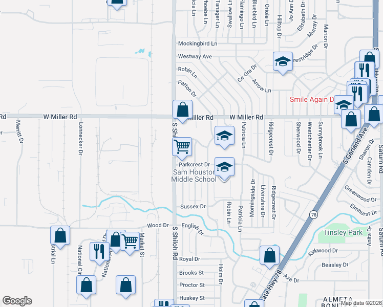map of restaurants, bars, coffee shops, grocery stores, and more near 2213 Nottingham Drive in Garland