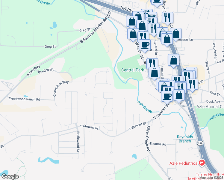map of restaurants, bars, coffee shops, grocery stores, and more near 421 Turpin Drive in Azle