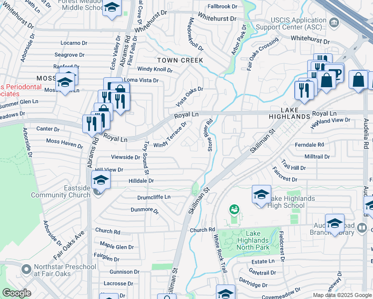 map of restaurants, bars, coffee shops, grocery stores, and more near 8234 Old Moss Road in Dallas