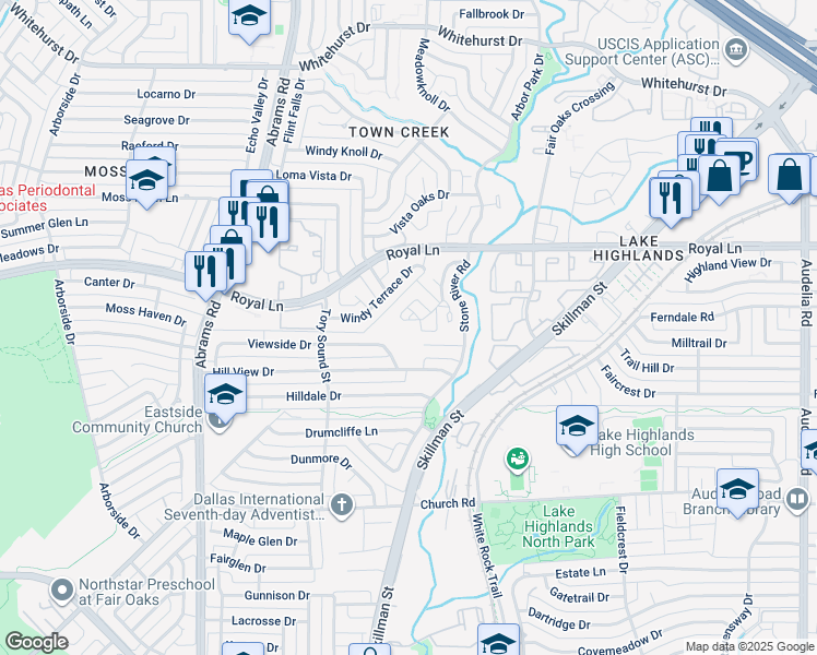 map of restaurants, bars, coffee shops, grocery stores, and more near 8234 Old Moss Road in Dallas