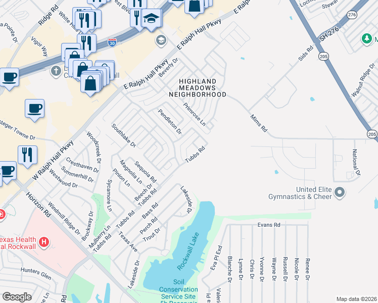 map of restaurants, bars, coffee shops, grocery stores, and more near 126 Weston Ct in Rockwall