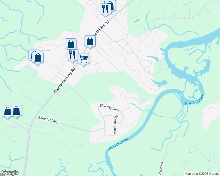 map of restaurants, bars, coffee shops, grocery stores, and more near 1187 Rivershore Road in Charleston