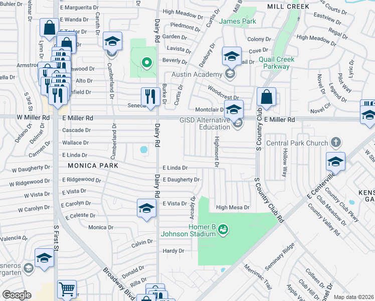 map of restaurants, bars, coffee shops, grocery stores, and more near 2122 Highwood Drive in Garland