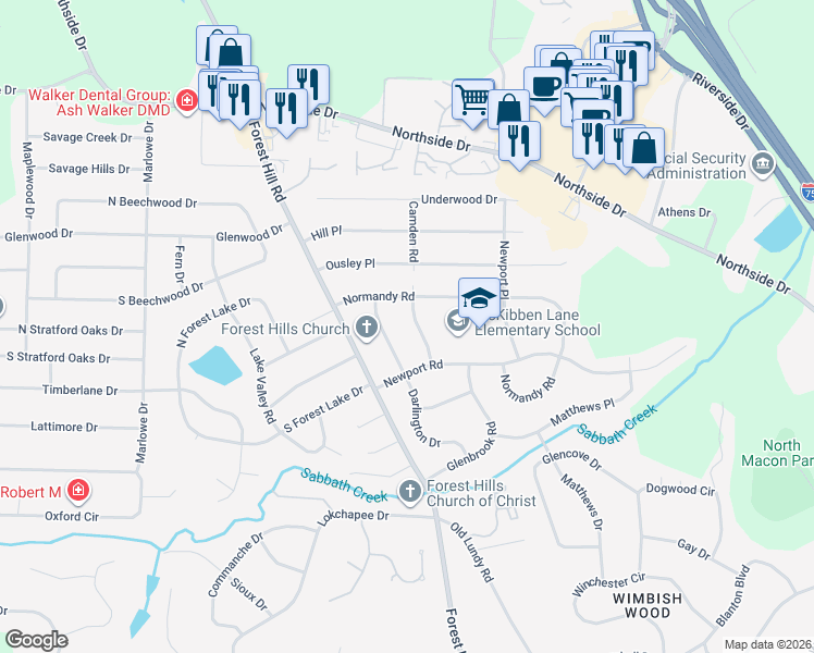map of restaurants, bars, coffee shops, grocery stores, and more near 1238 Camden Rd in Macon