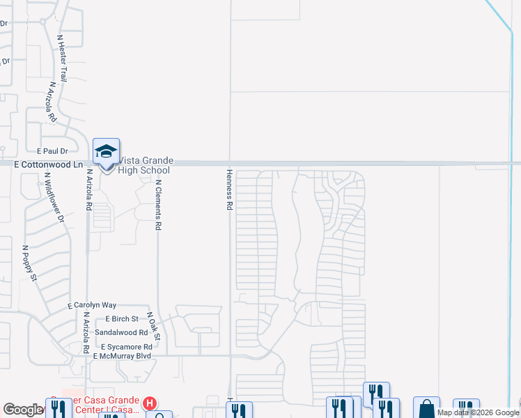 map of restaurants, bars, coffee shops, grocery stores, and more near East Desert Wind Lane in Casa Grande
