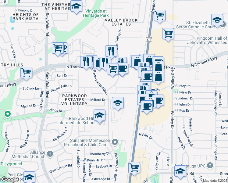 map of restaurants, bars, coffee shops, grocery stores, and more near 5637 Blackmon Court in Fort Worth