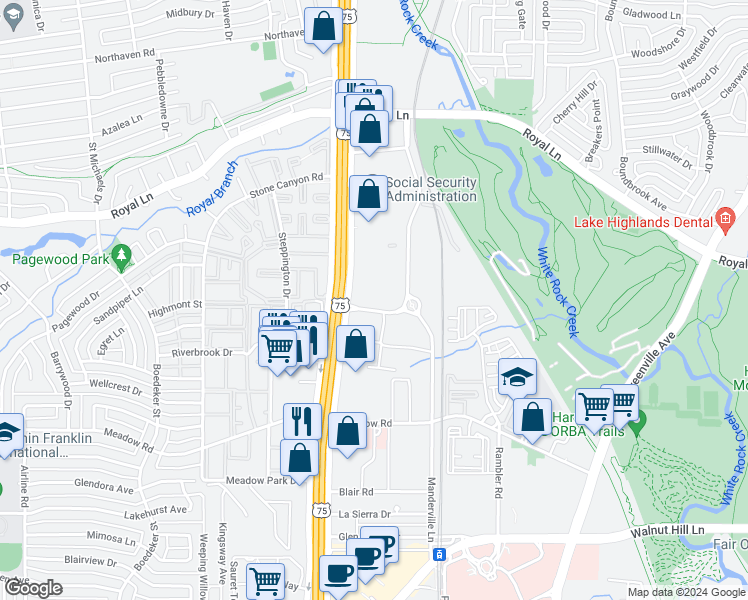 map of restaurants, bars, coffee shops, grocery stores, and more near 10670 East Service Road in Dallas