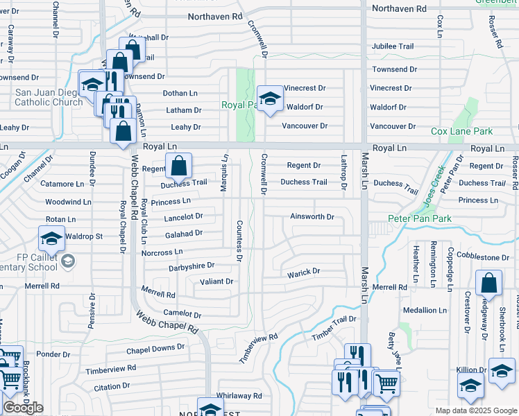 map of restaurants, bars, coffee shops, grocery stores, and more near 10565 Cromwell Drive in Dallas