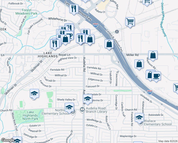 map of restaurants, bars, coffee shops, grocery stores, and more near 9905 Milltrail Drive in Dallas