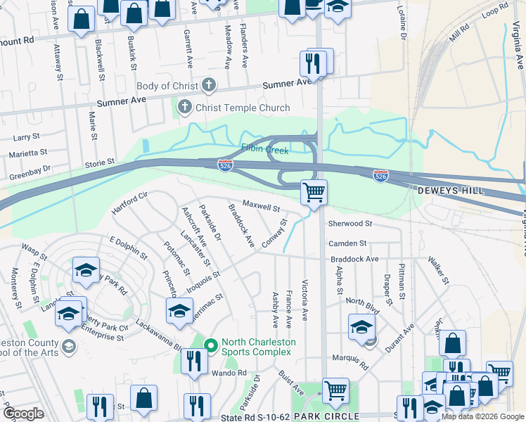map of restaurants, bars, coffee shops, grocery stores, and more near 1265 Maxwell Street in North Charleston