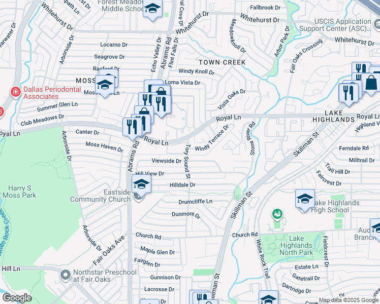 map of restaurants, bars, coffee shops, grocery stores, and more near 9602 Windy Terrace Drive in Dallas