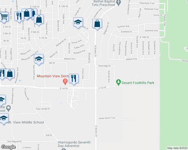 map of restaurants, bars, coffee shops, grocery stores, and more near 2500 Eastmont Court in Alamogordo