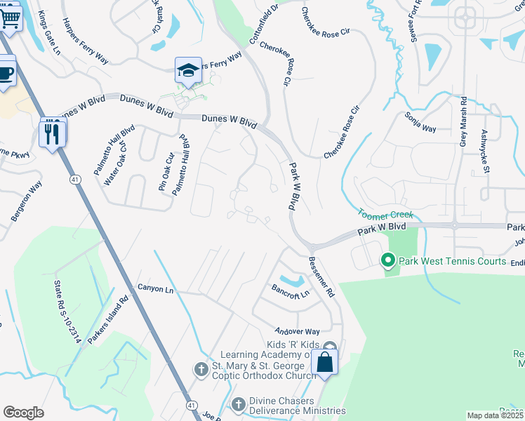 map of restaurants, bars, coffee shops, grocery stores, and more near 1428 Wellbrooke Lane in Mount Pleasant