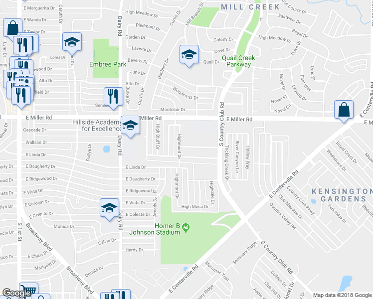 map of restaurants, bars, coffee shops, grocery stores, and more near 1110 High Valley Drive in Garland