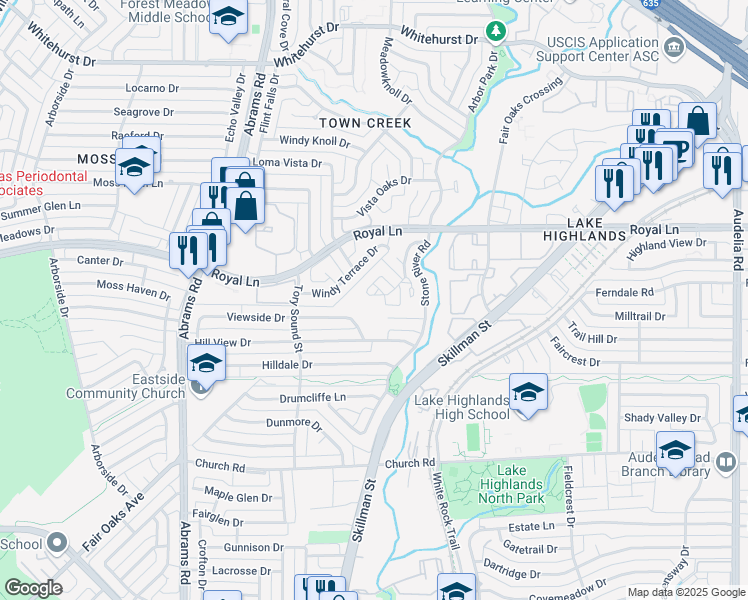 map of restaurants, bars, coffee shops, grocery stores, and more near 8234 Old Moss Road in Dallas