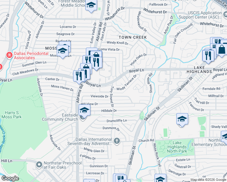 map of restaurants, bars, coffee shops, grocery stores, and more near 9602 Windy Terrace Drive in Dallas