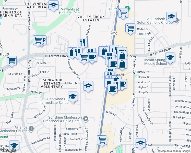 map of restaurants, bars, coffee shops, grocery stores, and more near 5801 Blackmon Court in Fort Worth