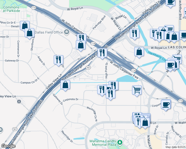 map of restaurants, bars, coffee shops, grocery stores, and more near 1311 Meridian Drive in Irving