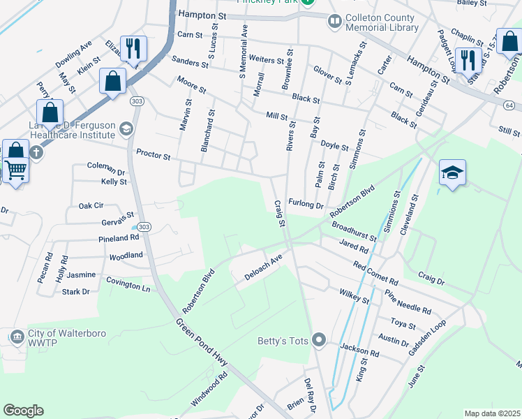 map of restaurants, bars, coffee shops, grocery stores, and more near 118 Craig Drive in Walterboro